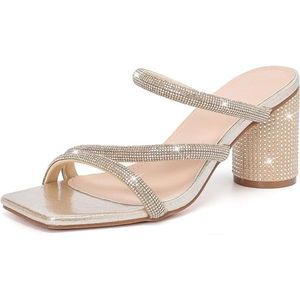 Women's Rhinestone Gold Heeled Sandals Square Toe Strappy Chunky Block Heels